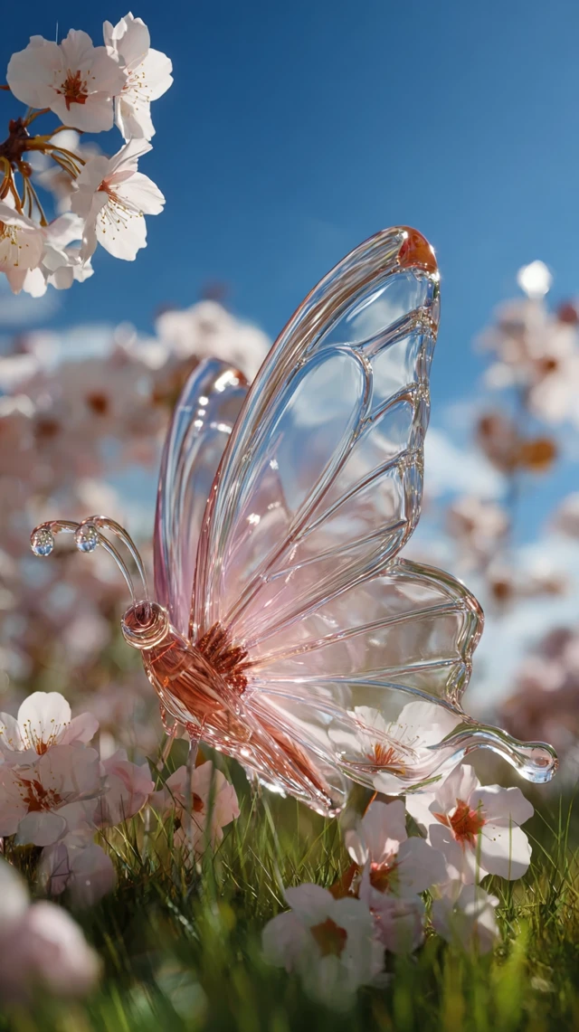 Glass Butterfly in Springtime Flowers