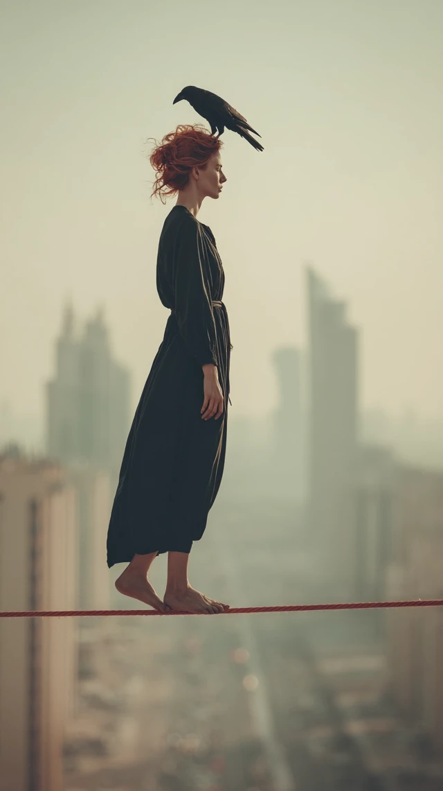 Red Haired Woman Balancing Crow Skyline