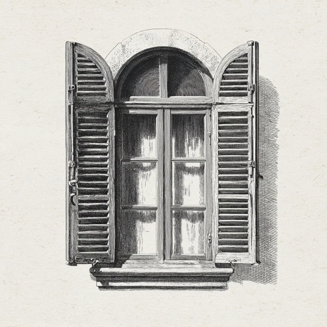 Vintage Engraving Arched Window with Shutters