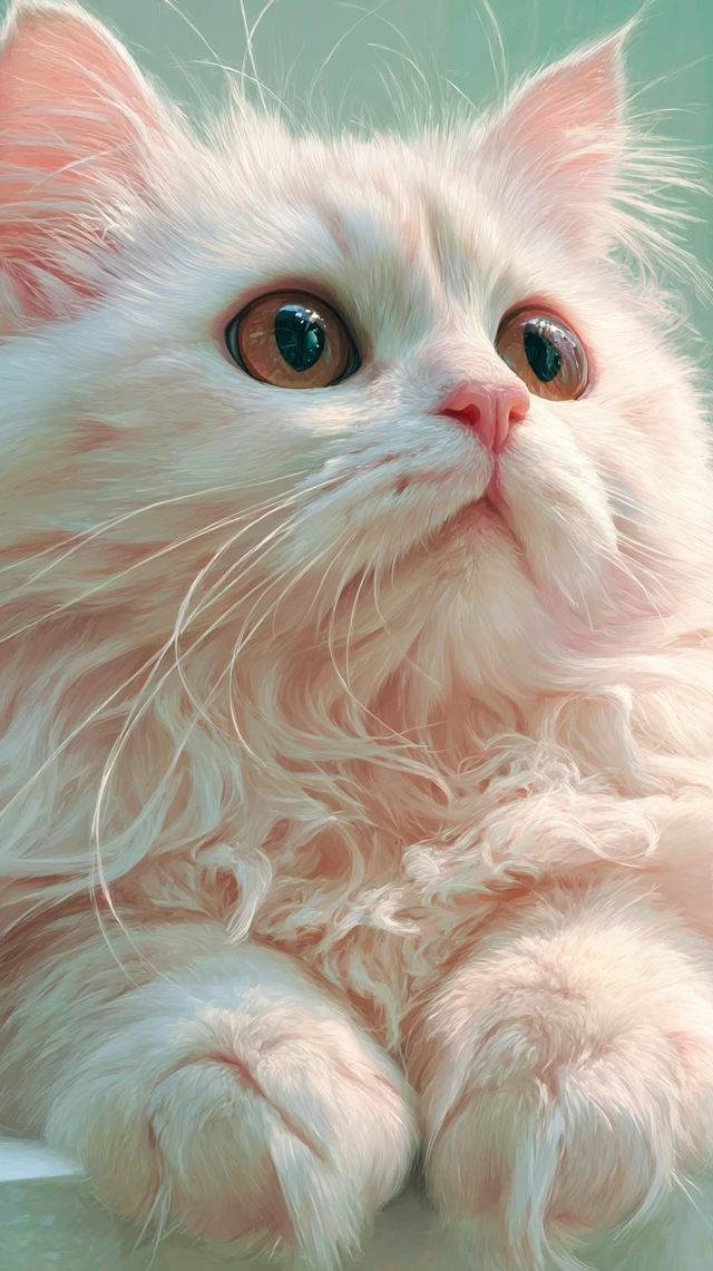 Adorable White Cat Portrait Fluffy Fur and Blue Eyes