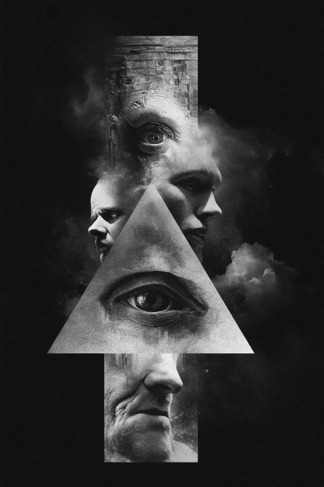 Surreal Faces Pyramid Grayscale Art