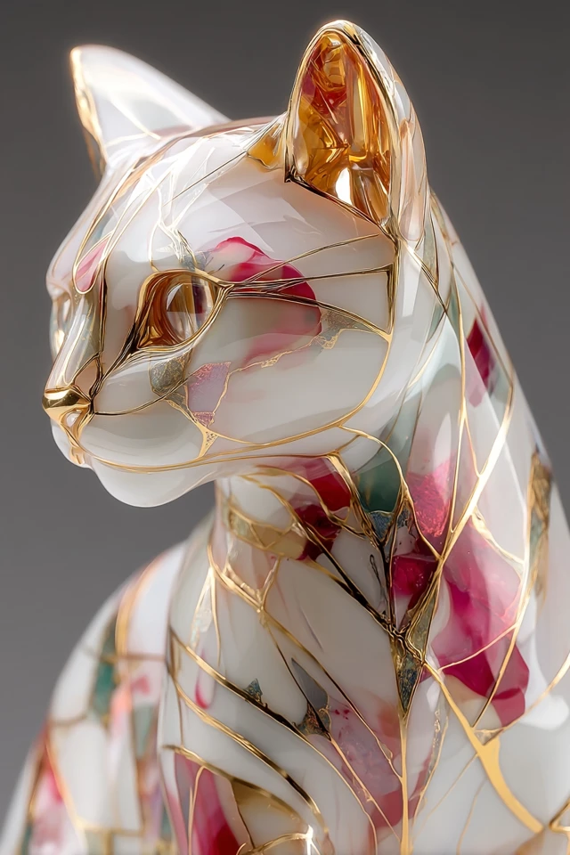 Ethereal Cat Portrait Resin Art with Gold Marble Pattern