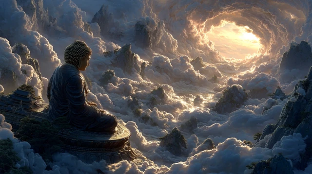 Buddha in Heavenly Clouds Surreal Landscape
