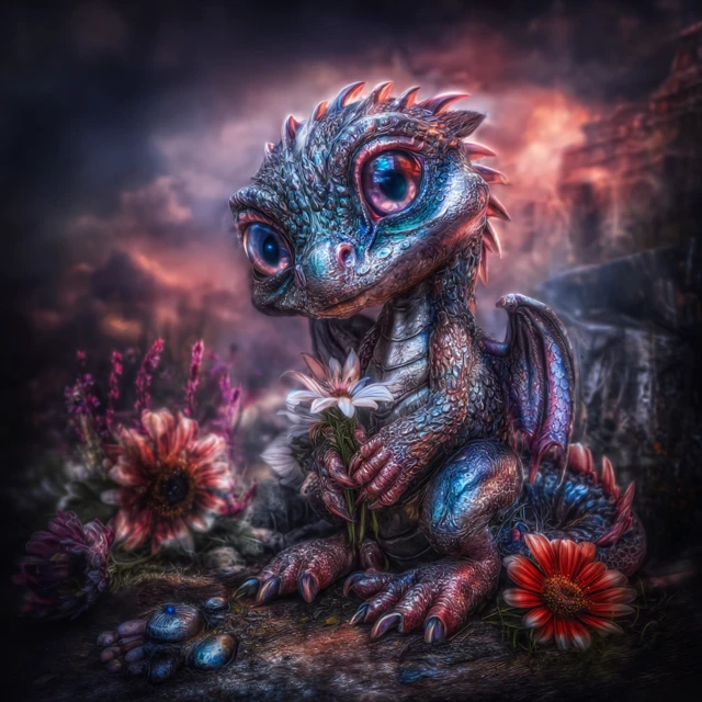 Cute Baby Dragon with Pastel Scales and Flowers