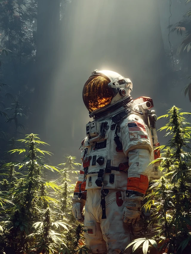 Astronaut in Space with Cannabis Plants