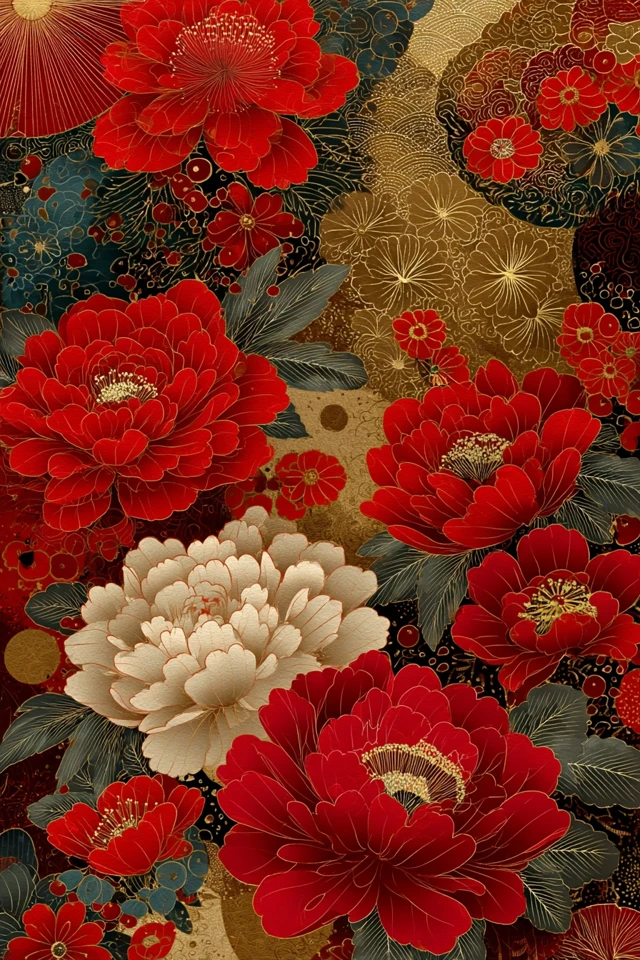 Japanese New Year Floral Pattern Gold and Red