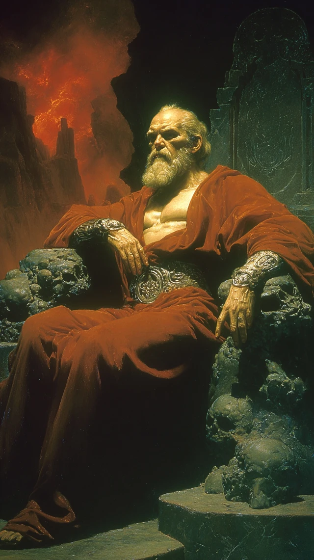 Bearded King on Stone Throne Dark Fantasy Art