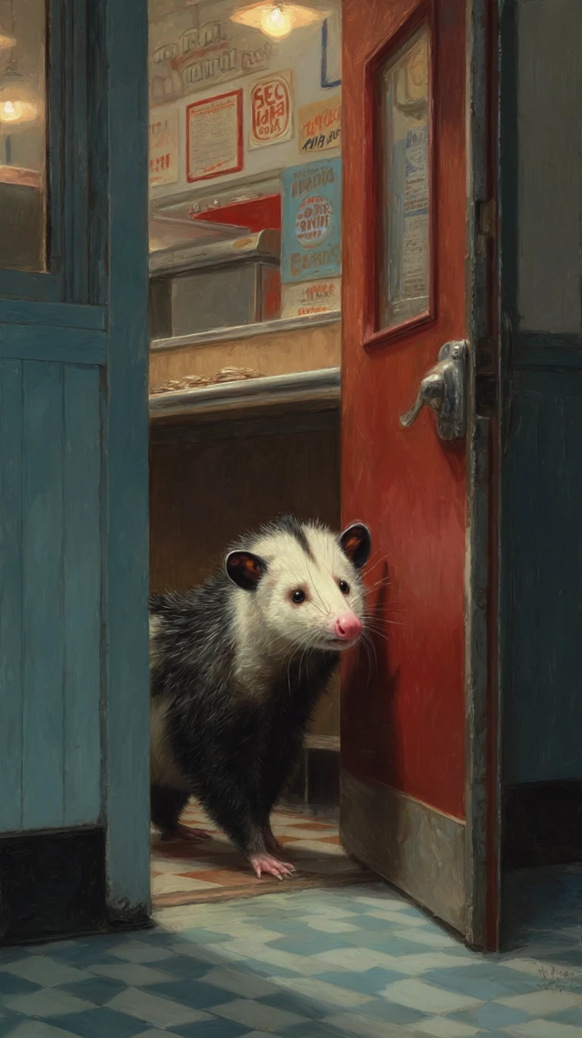 Opossum Enters Diner Realistic Illustration