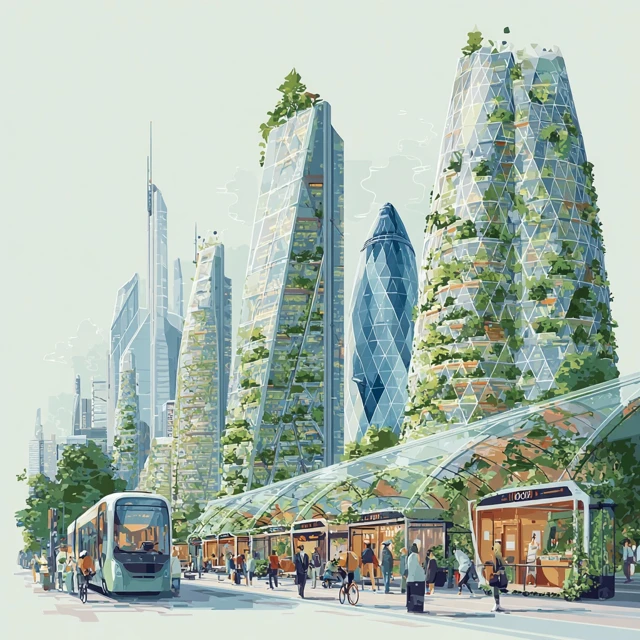 Futuristic City Skyline Green Skyscrapers Concept Art