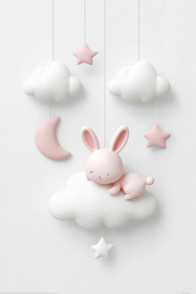 Cute Baby Nursery Art Pink Bunny and Clouds
