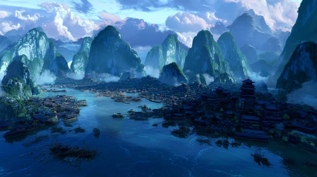 Qin Dynasty Fantasy Scene with Mountains and Lake