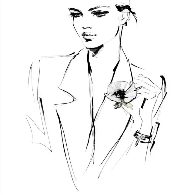 Fashion Illustration Woman with Floral Brooch