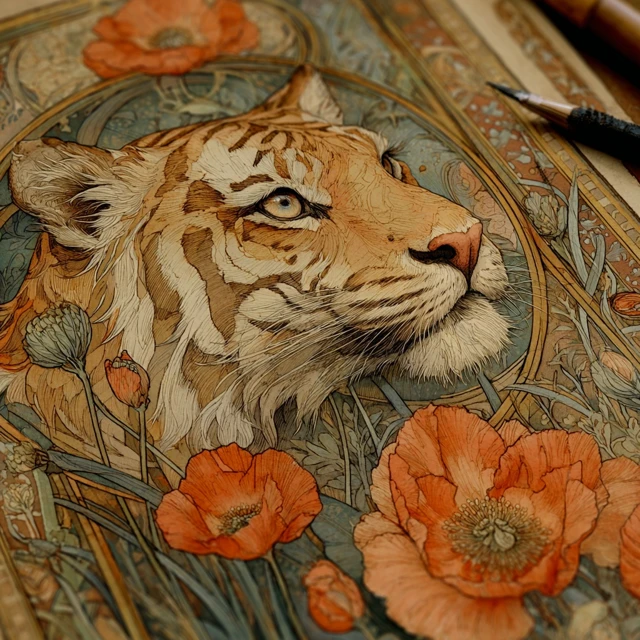 Art Nouveau Tiger and Poppy Watercolor Painting