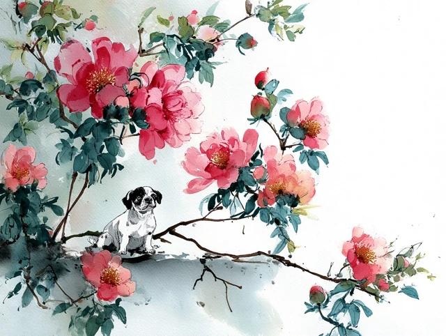 Chinese Watercolor: Dog with Peonies, Wu Guanzhong Style