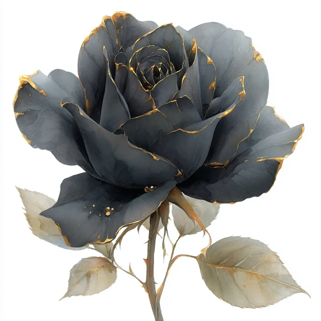 Black Rose with Gold Halloween Floral Illustration