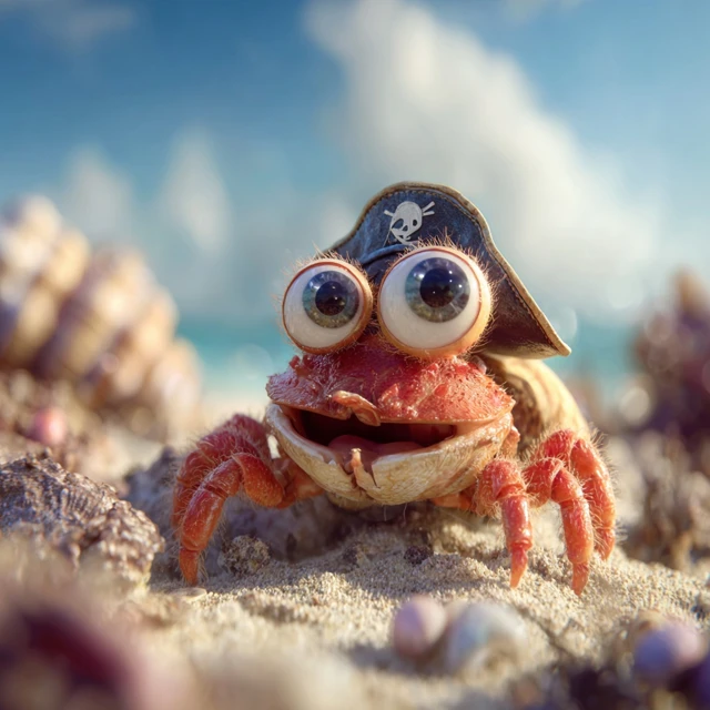 Cute Pirate Crab Smiling on the Beach 3D Illustration
