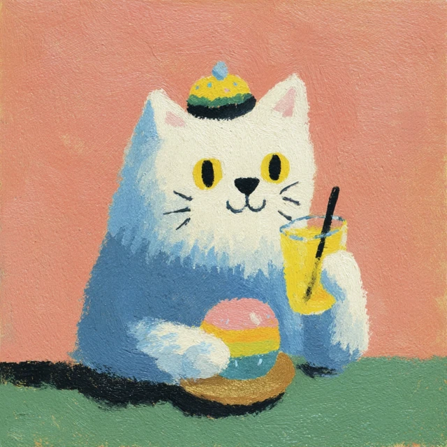 Cute Cat with Cake Drinking Milk Tea