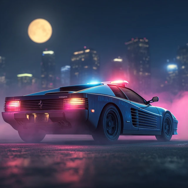 80s Synthwave Police Car in a Neon City