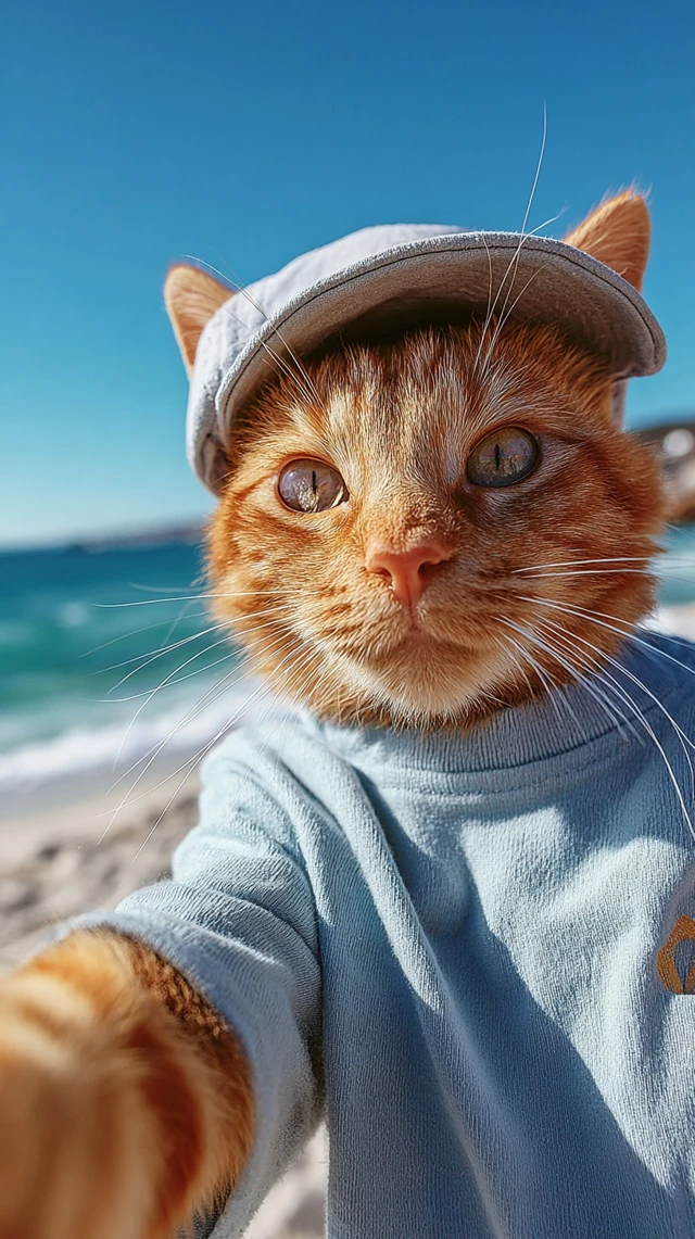Orange Tabby Cat Taking Selfie at the Beach
