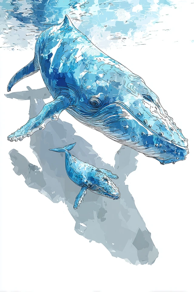 Blue Whale Mother and Calf Digital Painting
