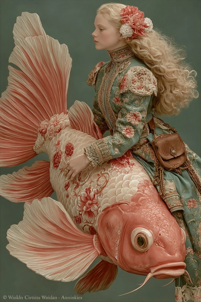Woman on Pink Fish Art Deco Dreamlike Illustration
