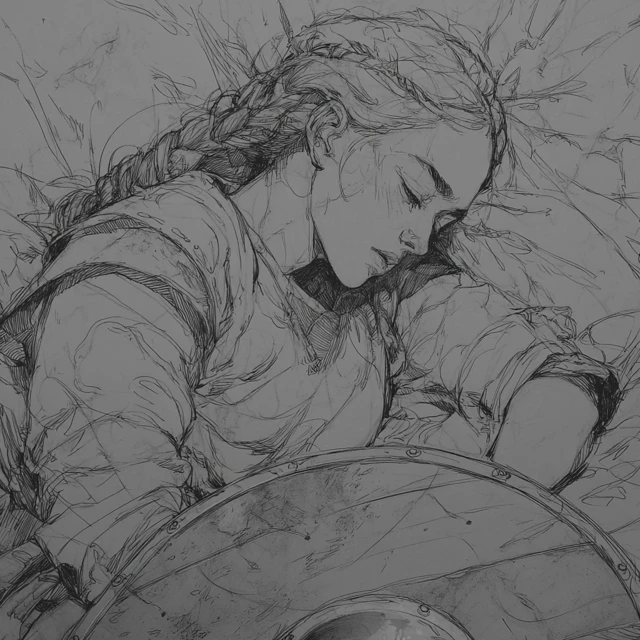 Medieval Female Warrior Sleeping with Shield