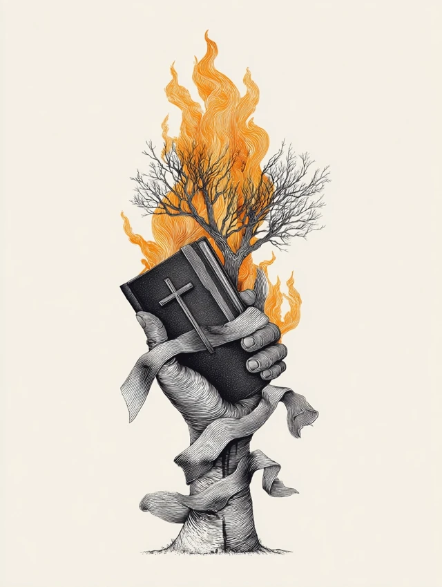 Hand Holding Bible and Burning Bush Illustration