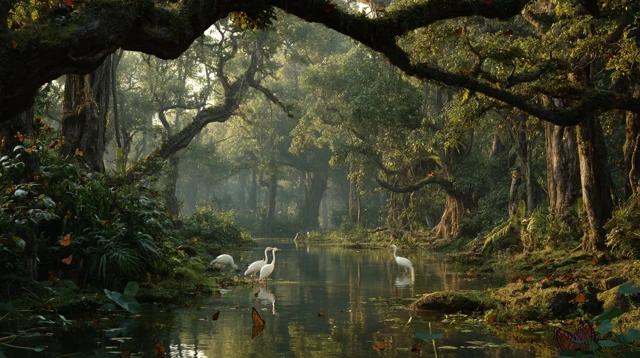 Tropical Forest Scene with Cranes and Pond
