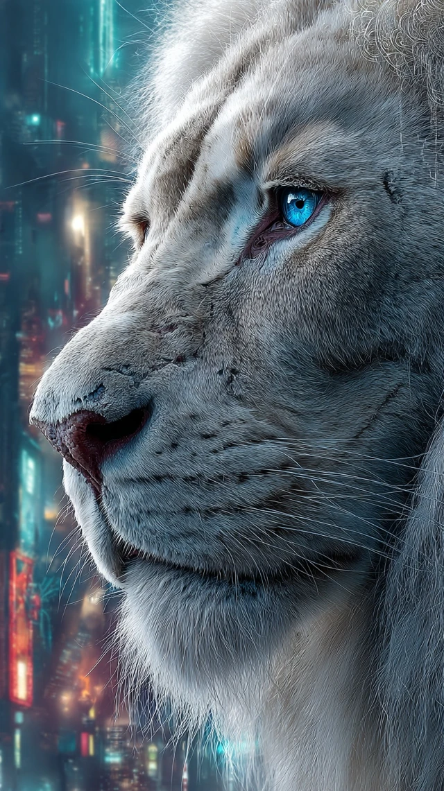 Cyberpunk Lion with Blue Eyes Fantasy Art