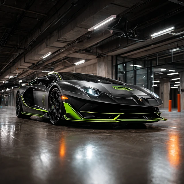 Lamborghini in Garage Black and Green Livery