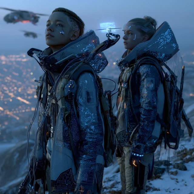Cyberpunk Arctic Explorers on Neon Mountain Peak