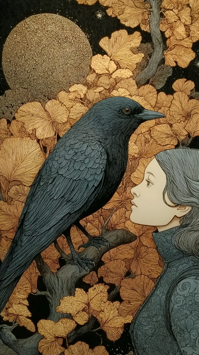 Woman and Bird Illustration in Guay Style
