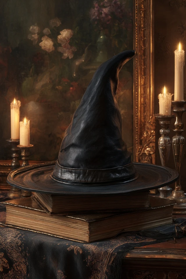 Witch Hat on Books Candles Gothic Art