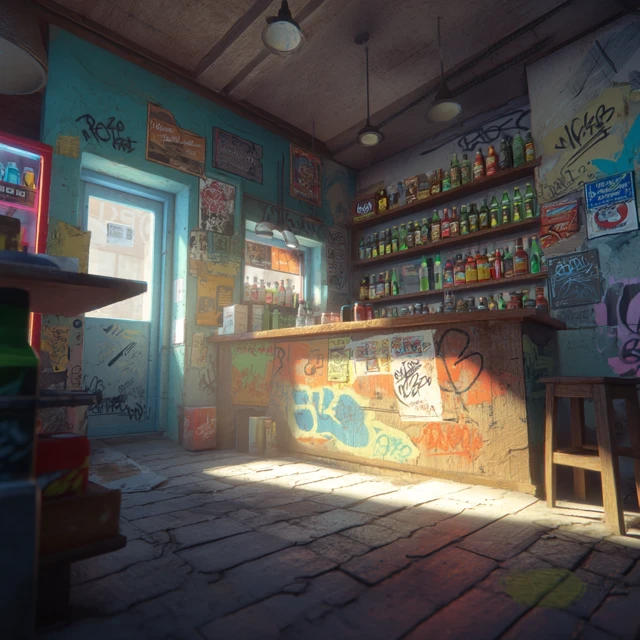 Urban Liquor Store Interior Cartoon Style