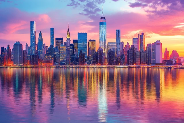 New York City Skyline Painting at Sunset