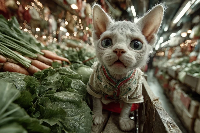 Devon Rex Kitten at Market Sad Adorable Cartoon