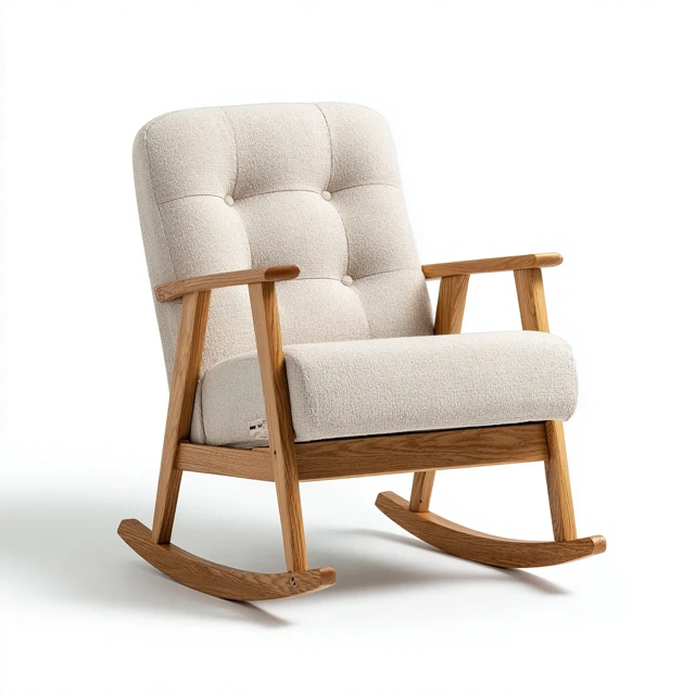 Rocking Chair Beige Fabric Natural Wood Frame