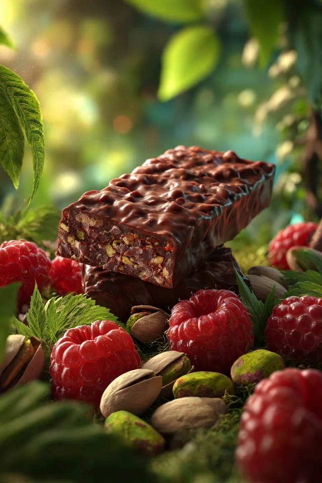 Chocolate Protein Bar with Raspberries and Pistachios