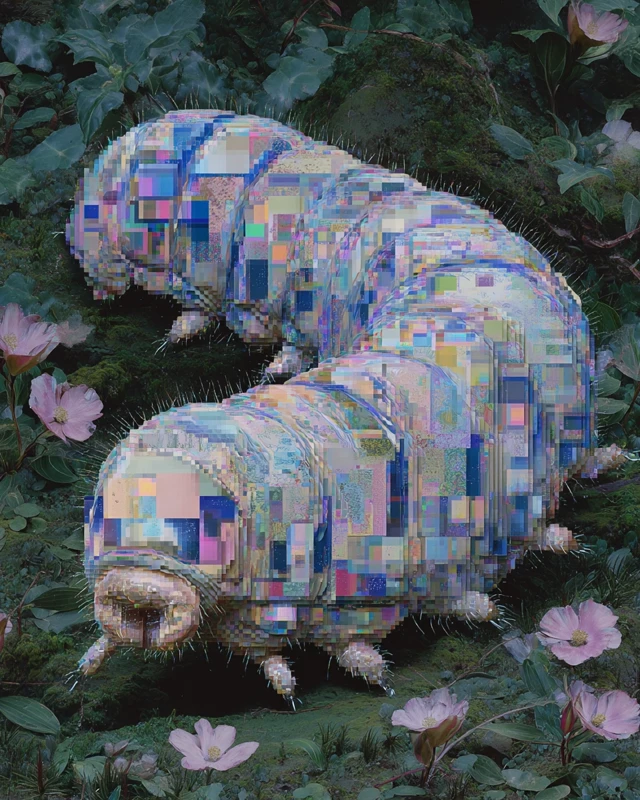 Glitchy Pixel Caterpillar in a Forest - Surreal Art