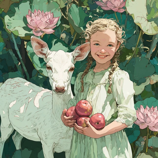Girl and White Deer in the Garden