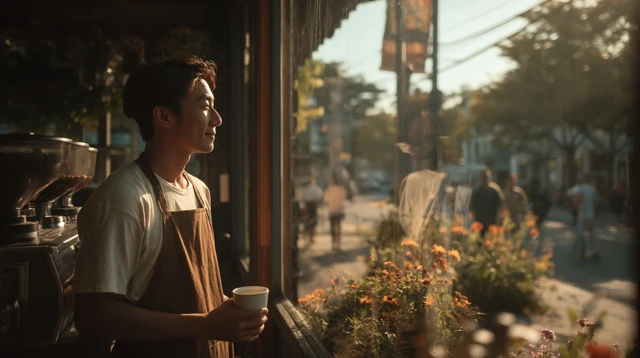 Cafe Scene Asian Barista with Calm Morning