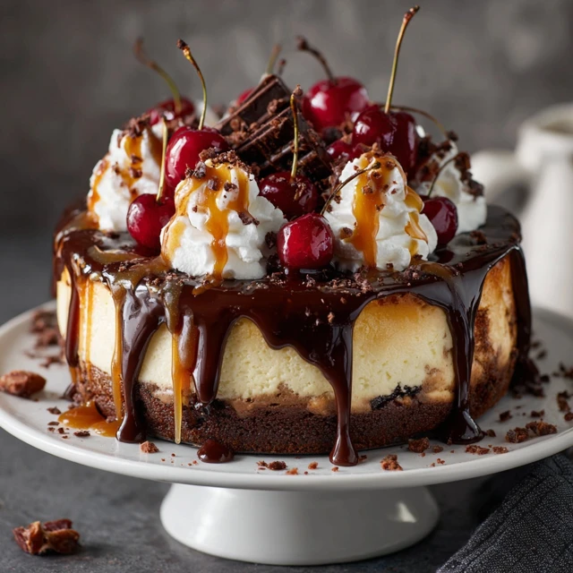 Chocolate Cheesecake with Cherries and Caramel