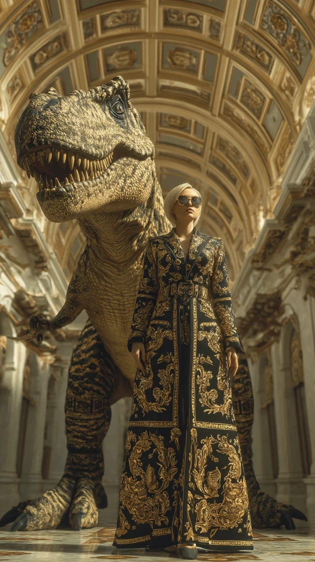 Versace Woman and Dinosaur Regal Portrait