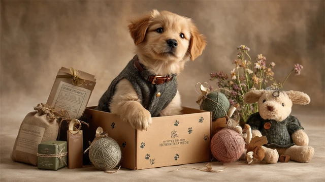 Golden Retriever Puppy in Delivery Box Stock Photo