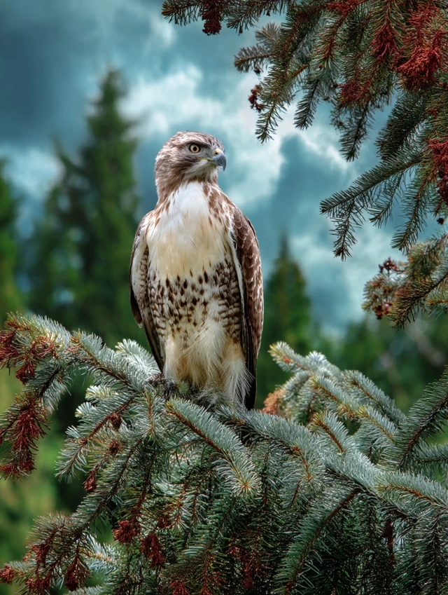 Red Tail Hawk Perched on a Cedar Tree
