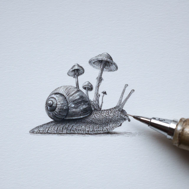 Microrealism Snail with Mushrooms Art