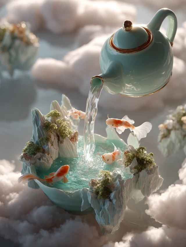 Whimsical Cloud Kingdom Tea Ceremony Art