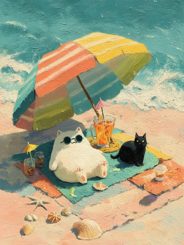Ghost Cat Beach Day Dreamy Oil Painting