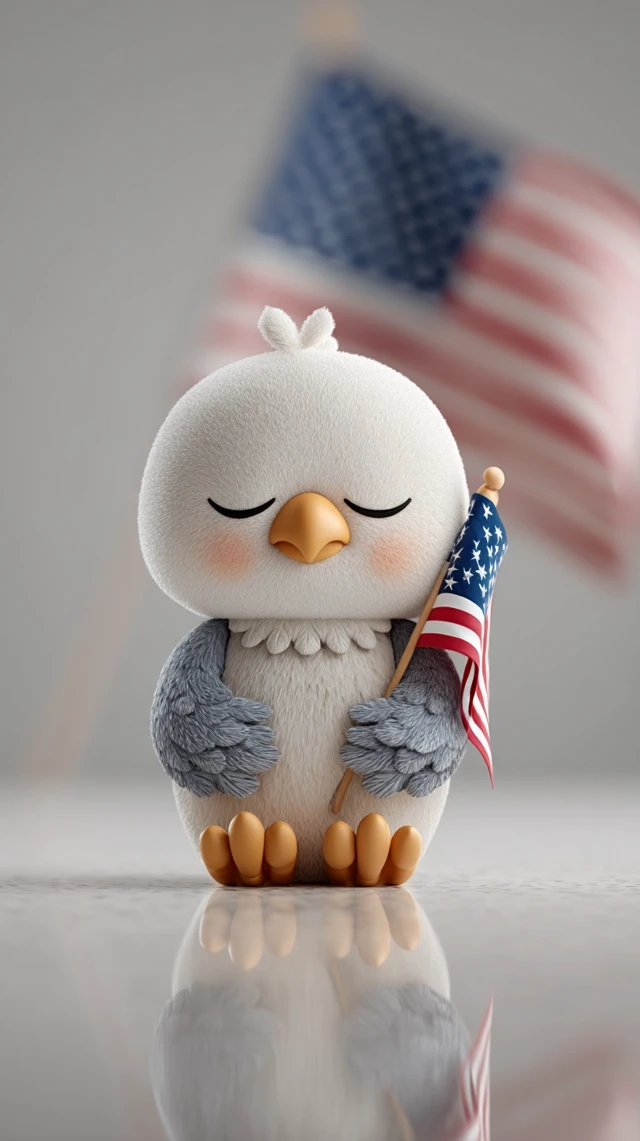 Cute Bald Eagle with American Flag 3D Illustration