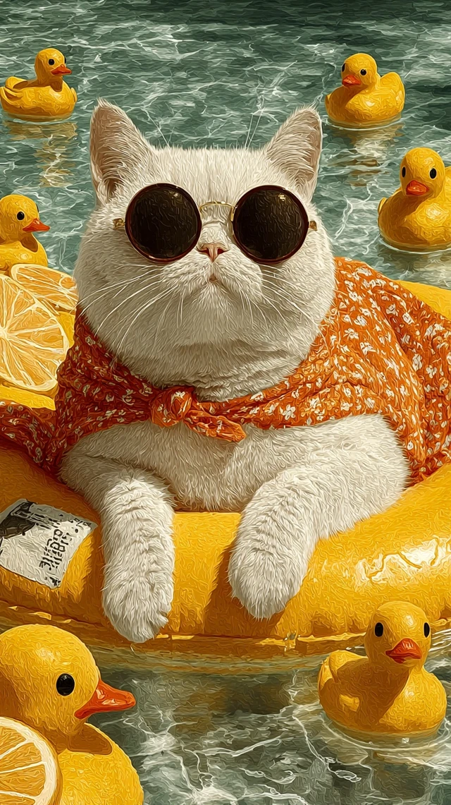 Kawaii Cat in Sunglasses Floating in Pool